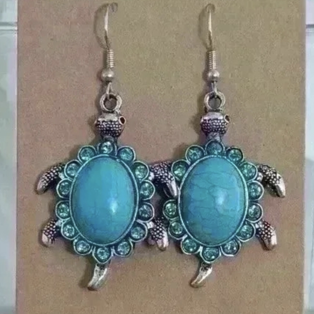 Silver Tone Turquois Turtle Earrings - Picture 1 of 4